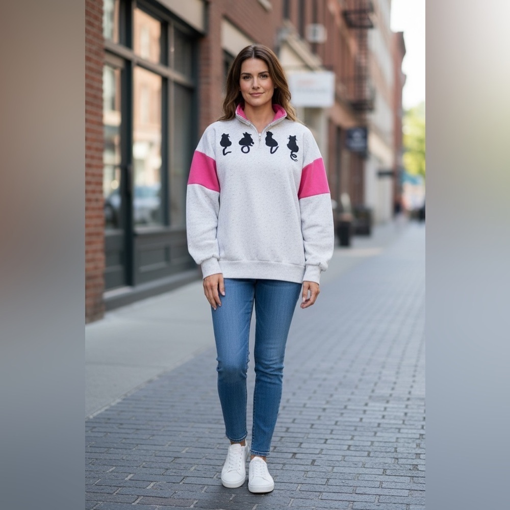 Vintage Magic USA Cat LOVE Quarter Zip Sweatshirt Pink Colorblock Women’s L